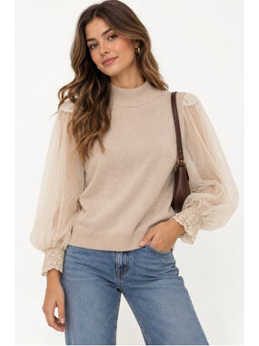 a...love story Cream Sheer Puff Sleeve Lace Cuff Sweater Top Size L